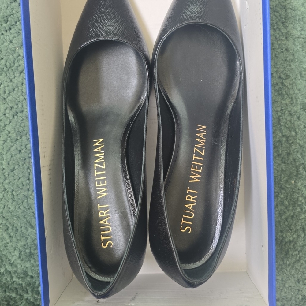 Stuart Weitzman Black Leather Pointed Toe Kitten Pump